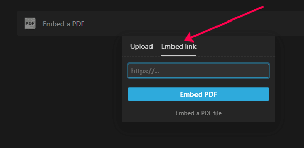 Select Embed Link option in the PDF block