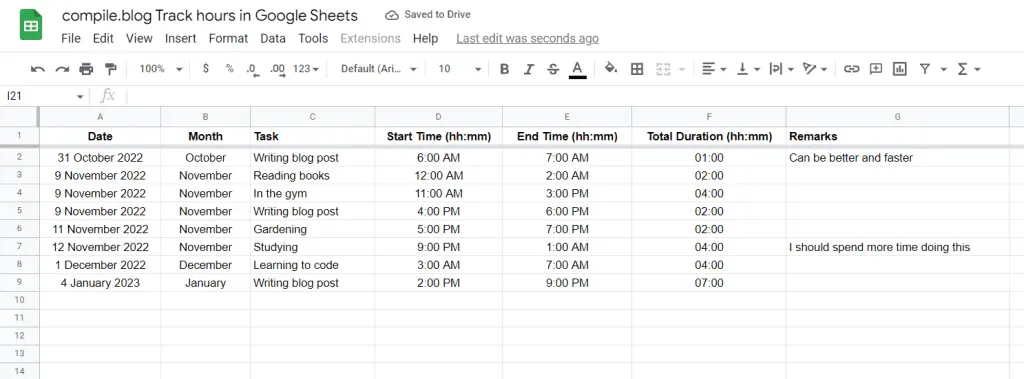 Track daily task hours in Google Sheets