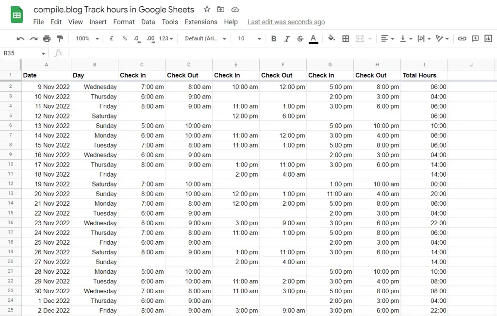Track project worked hours in Google Sheets